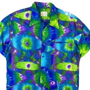 Iolani Hawaiian Shirt Mens XL Psychedelic Floral Camp Shirt USA 60s 70s Vintage